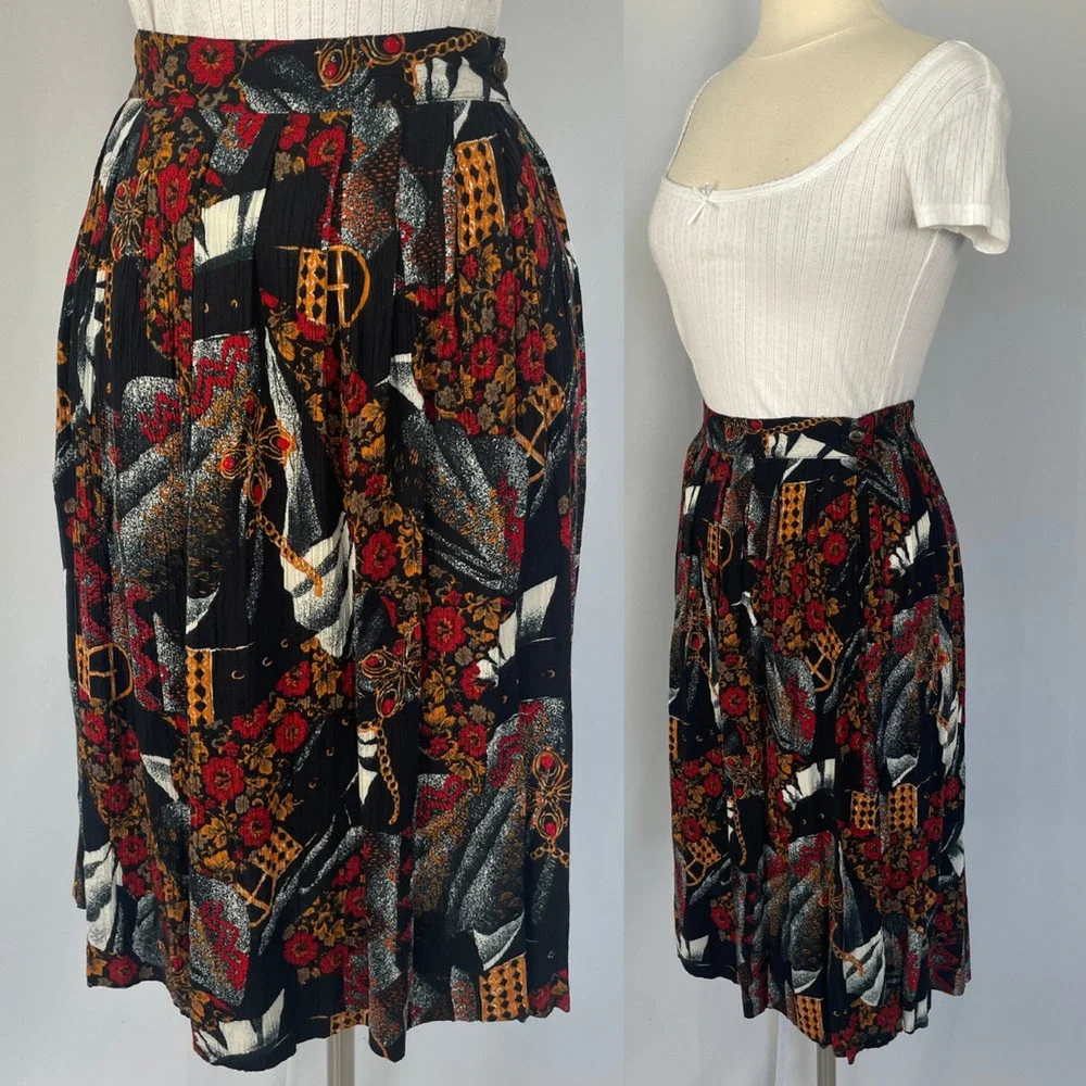 Vintage Midi Skirt Size 10 Petite 10P Black Red Mix Print Floral Preppy Academia